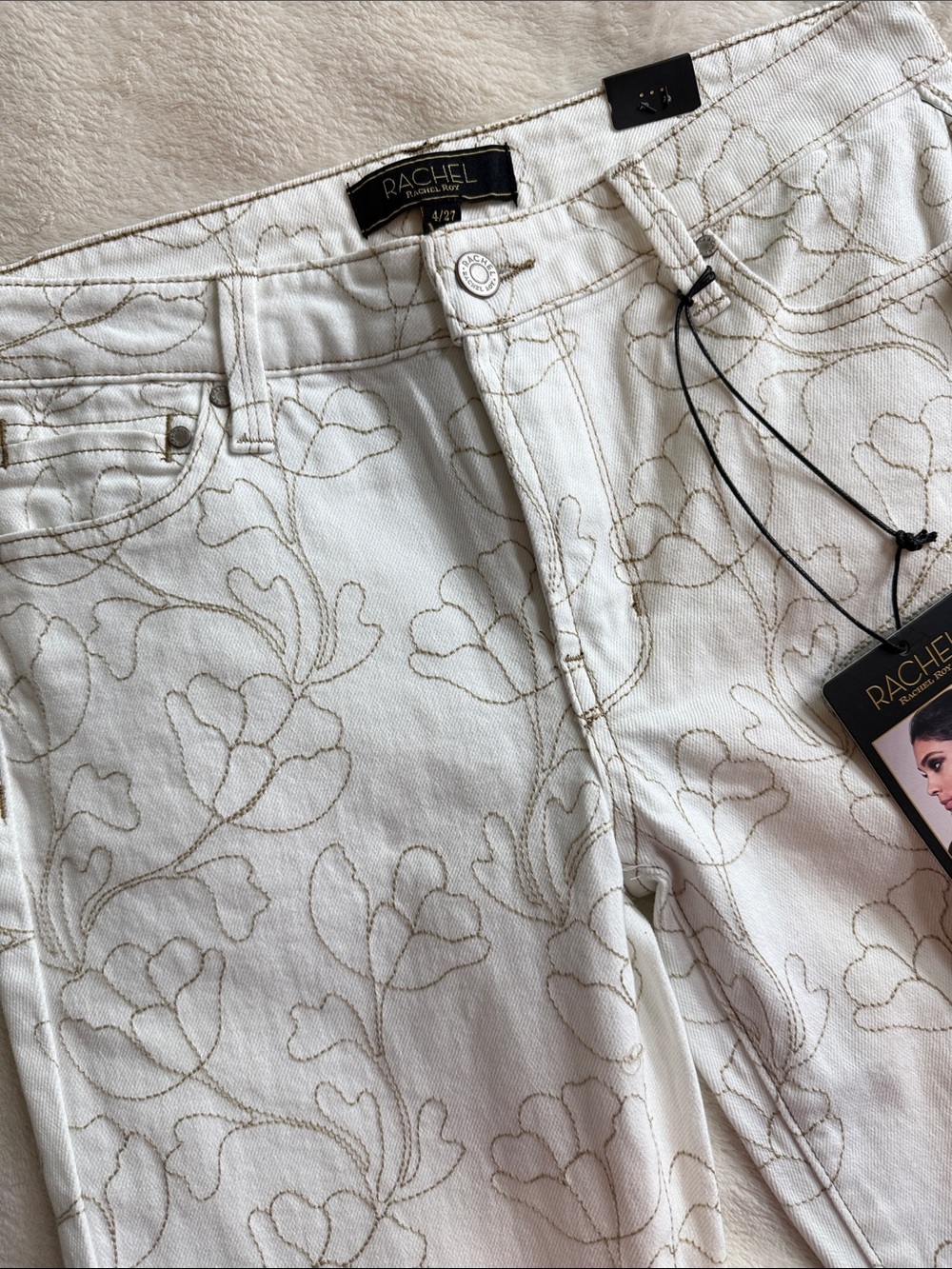 NWT Rachel Rachel Roy Satisfied White Floral Beige Embroidered Bootcut Jeans 4 - Picture 9 of 14
